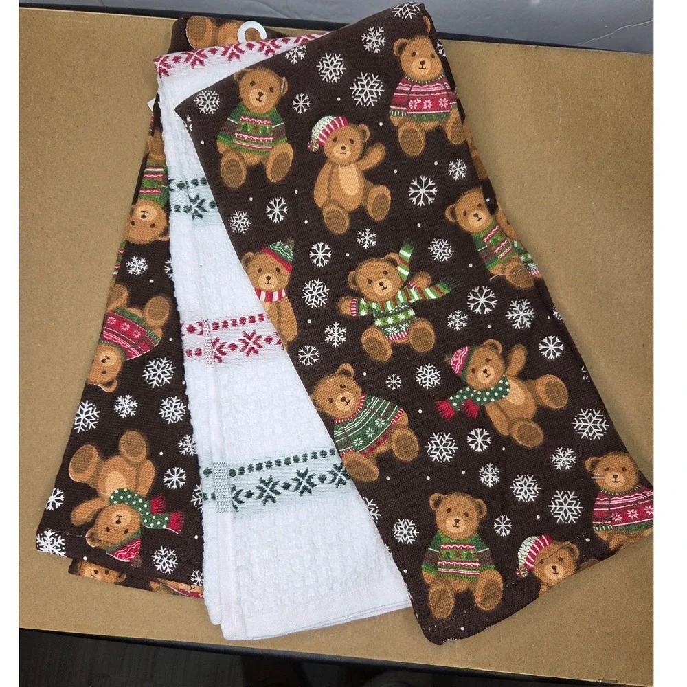 Cynthia Rowley Christmas Teddy Bear Kitchen Towels Set Organic Cotton Brown New